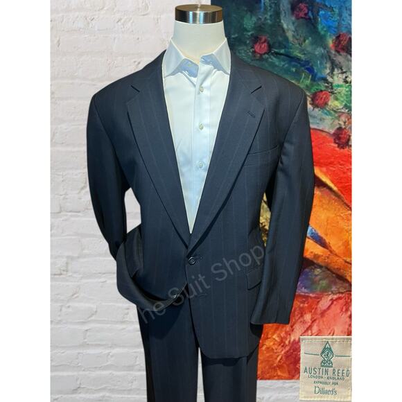 Vtg Austin Reed Mens 50L 43x29.5 Navy Blue Royal Cobalt Stripe Suit Virgin Wool - Picture 1 of 16